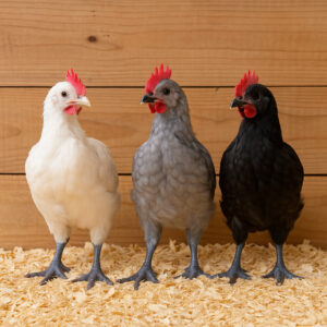 Three 8–12 week old Bresse cockerels—white, blue, and black—standing in pine shavings with a wooden wall background