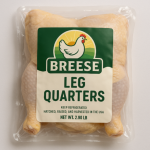 Vacuum-sealed package of Bresse chicken leg quarters from Southern Rise Farms