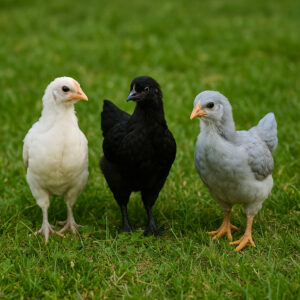 Three Bresse growers in white, blue, and black standing in green pasture