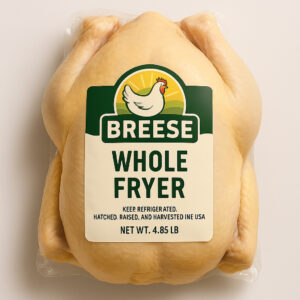 Whole pasture-raised Bresse fryer vacuum-sealed in clear packaging with label