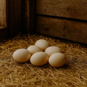 six cream-colored Bresse eggs resting on a bed of hay in a wooden barn with soft natural light