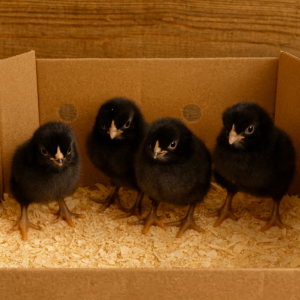 Healthy Day-Old Bresse Black Chicks in a shipping box with pine shavings – NPIP Certified and shipped nationwide
